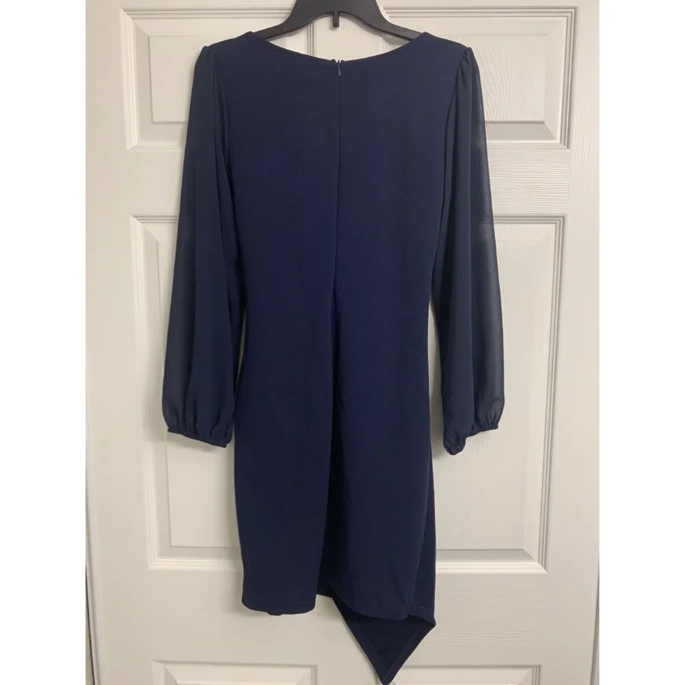 NWT Zesica Classic Fashion Collection Wrap Ruched Sheer Sleeve Midi Dress Size M